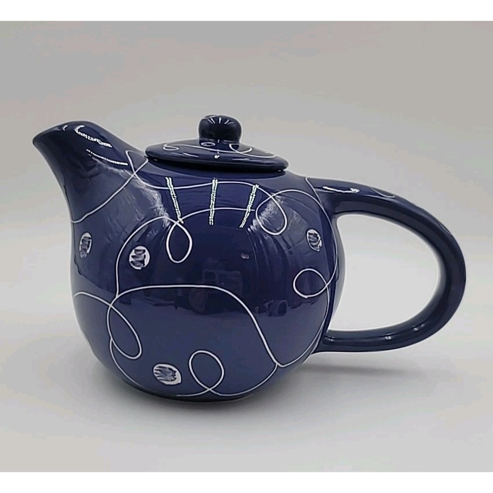 VTG Evandale Teapot Blue Lustre Polka Dot Swirl Lines Tea Pot w/ Lid‎